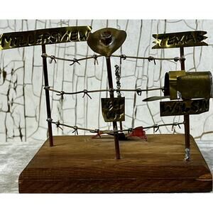 Vintage Folk Southwest Cowboy Art Metal Barb Wire Handmade Metal Work Wood Base